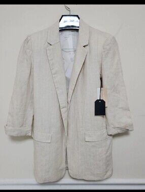 NWT Harve Benard Linen Blend Blazer Women’s Size 6 Beige Stripe Roll Tab Jacket